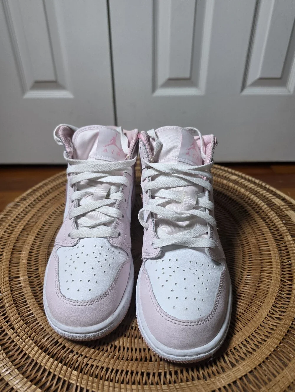 Jordan AJ 1 Mid Big Girls Size 4.5 Pink and White High Top Sneakers